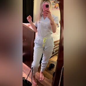 Baby blue lime green “open skies” figs scrubs SET